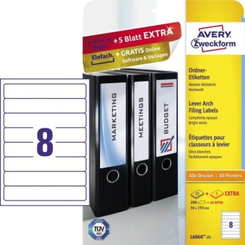 Avery Zweckform Ordneretikett L6060-25 34x192mm ws 200 St./Pack. Produktabbildung: Avery Zweckform Ordneretikett L6060-25 34x192mm ws 200 St./Pack.