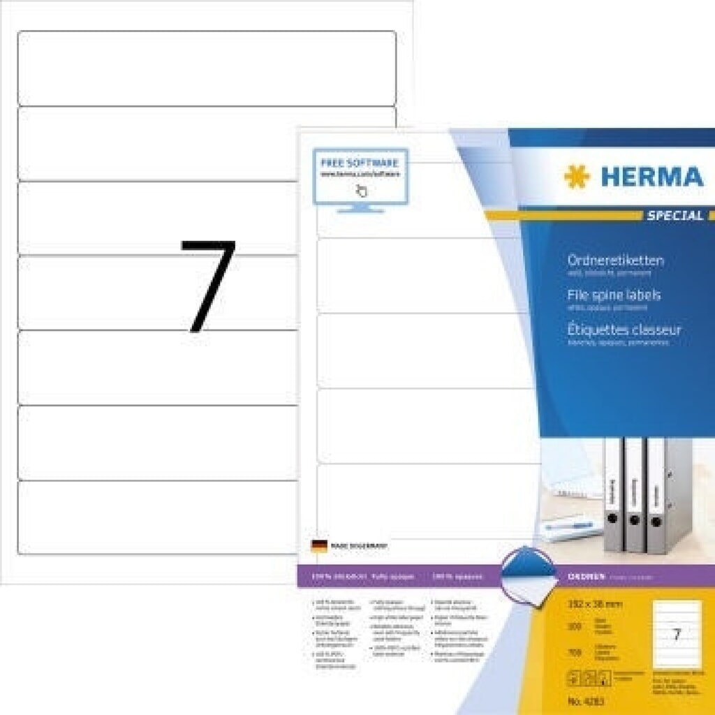 HERMA Ordneretikett 4283 kurz/schmal sk weiß 700 St./Pack. Produktabbildung: HERMA Ordneretikett 4283 kurz/schmal sk weiß 700 St./Pack.