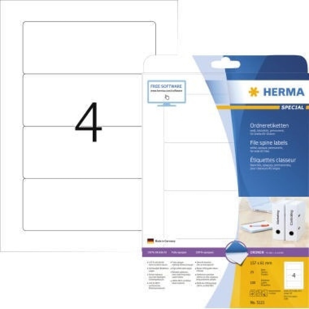 HERMA Ordneretiketten 5121 DIN A4 157x61mm weiß 100 St./Pack Produktabbildung: HERMA Ordneretiketten 5121 DIN A4 157x61mm weiß 100 St./Pack
