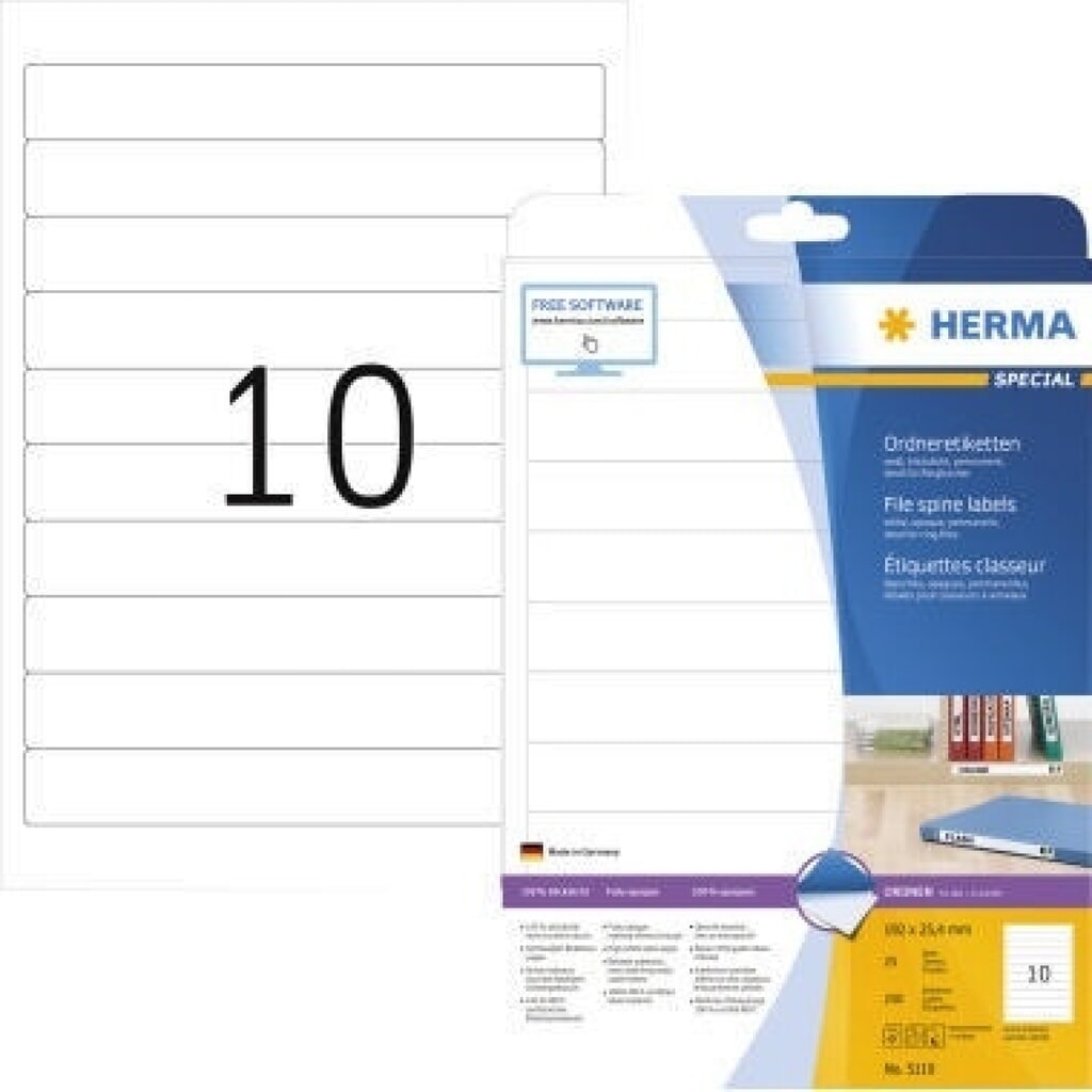 HERMA Ordneretiketten 5119 DIN A4 192x25,4mm weiß 250 St./Pack Produktabbildung: HERMA Ordneretiketten 5119 DIN A4 192x25,4mm weiß 250 St./Pack