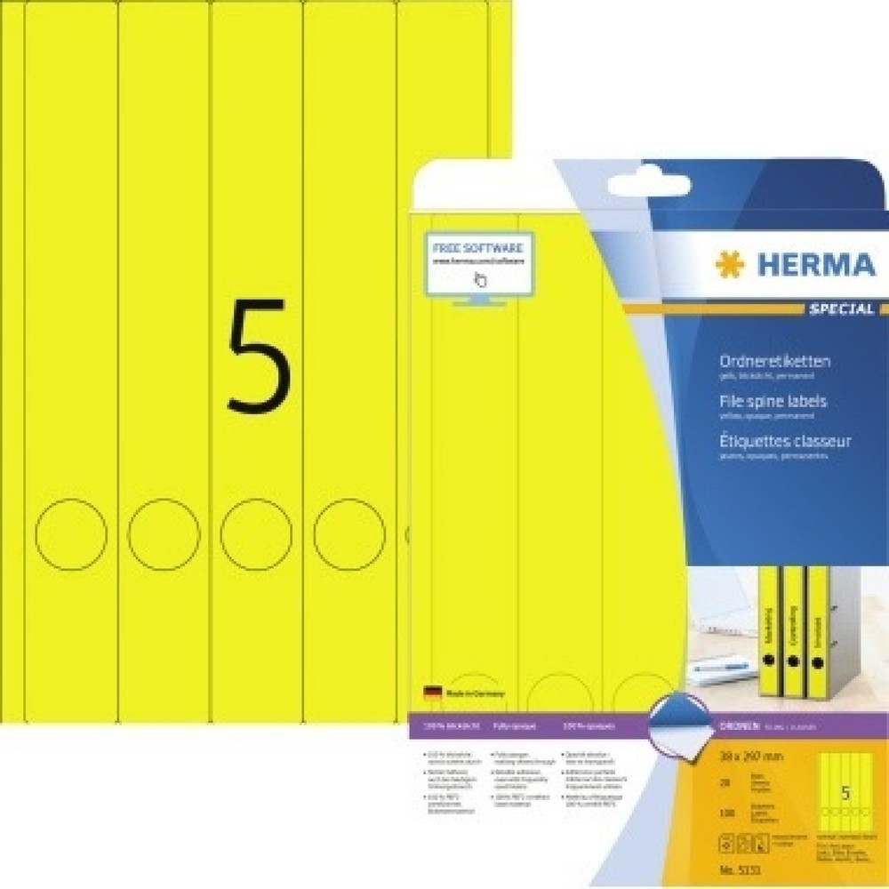 HERMA Ordneretiketten 5131 DIN A4 38x297mm gelb 100 St./Pack Produktabbildung: HERMA Ordneretiketten 5131 DIN A4 38x297mm gelb 100 St./Pack