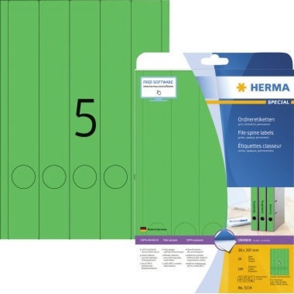Produktabbildung: HERMA Ordneretiketten 5134 DIN A4 38x297mm grün 100 St./Pack.