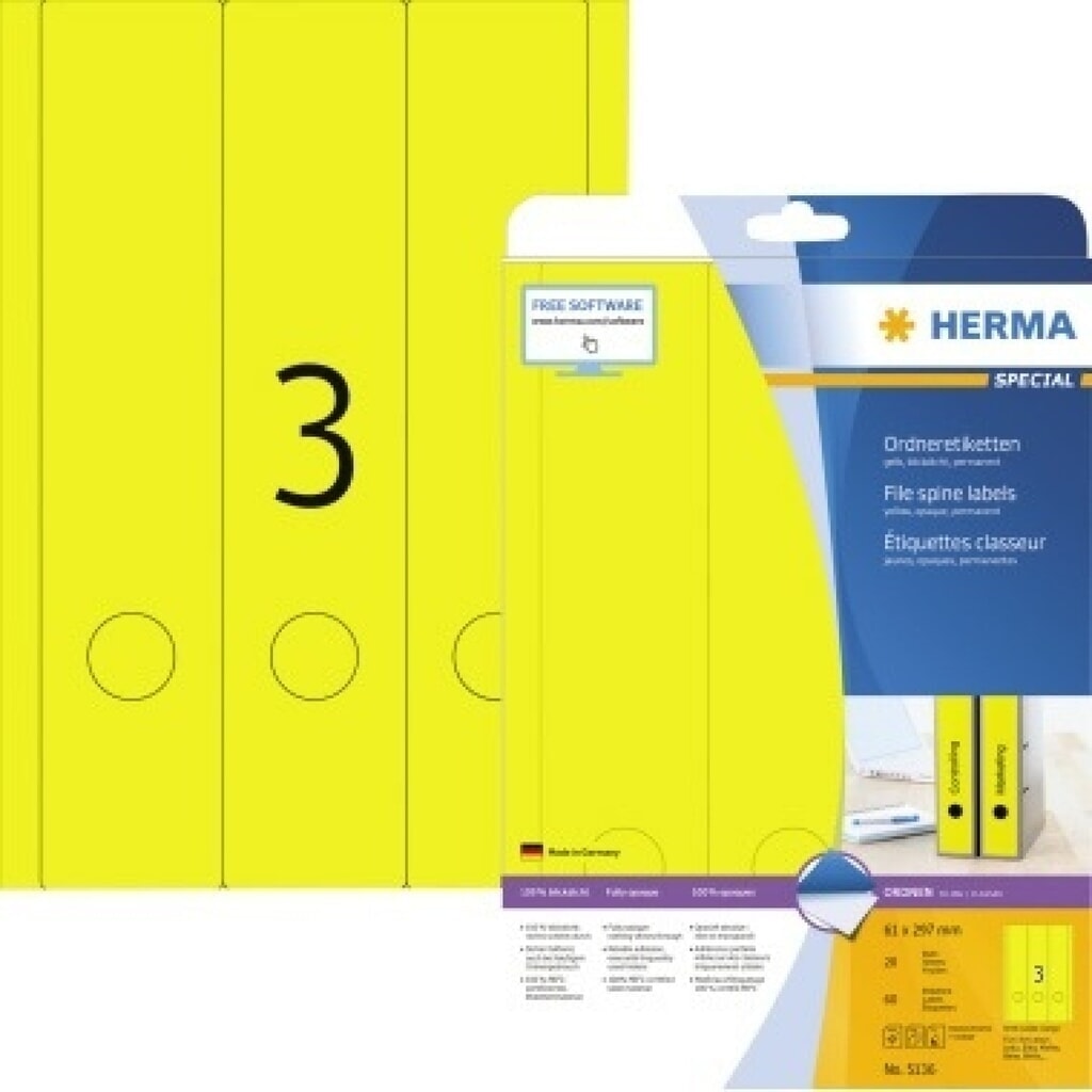 Etikett 61x297mm Ordner A4 gelb lang 60Et 20Bl 3Et Bl SuperPrint Produktabbildung: Etikett 61x297mm Ordner A4 gelb lang 60Et 20Bl 3Et Bl SuperPrint