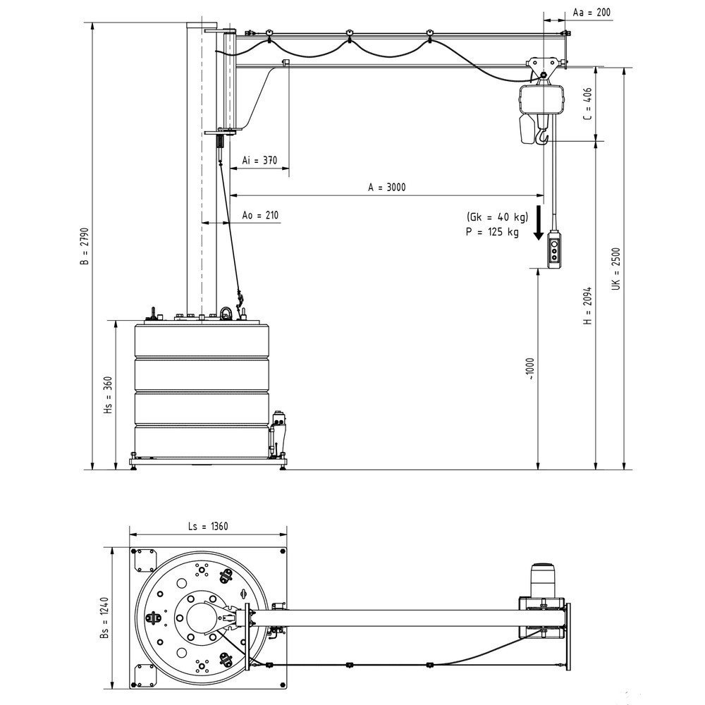 Číslo obrázka výrobku 3: Otočný žeriav VETTER® vrát. elektrického kladkostroja LIFTKET, rozsah otáčania 270°, polomer 3 000 mm, nosnosť 125 kg