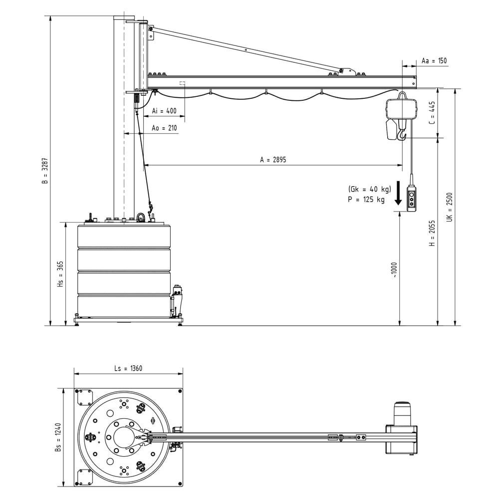Číslo obrázka výrobku 3: Otočný žeriav VETTER® vrát. elektrického kladkostroja LIFTKET, rozsah otáčania 270°, polomer 2 900 mm, nosnosť 125 kg