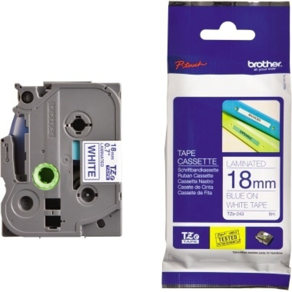 Brother Schriftband TZE-243 18mm (8m) blau auf weiß Produktabbildung: Brother Schriftband TZE-243 18mm (8m) blau auf weiß