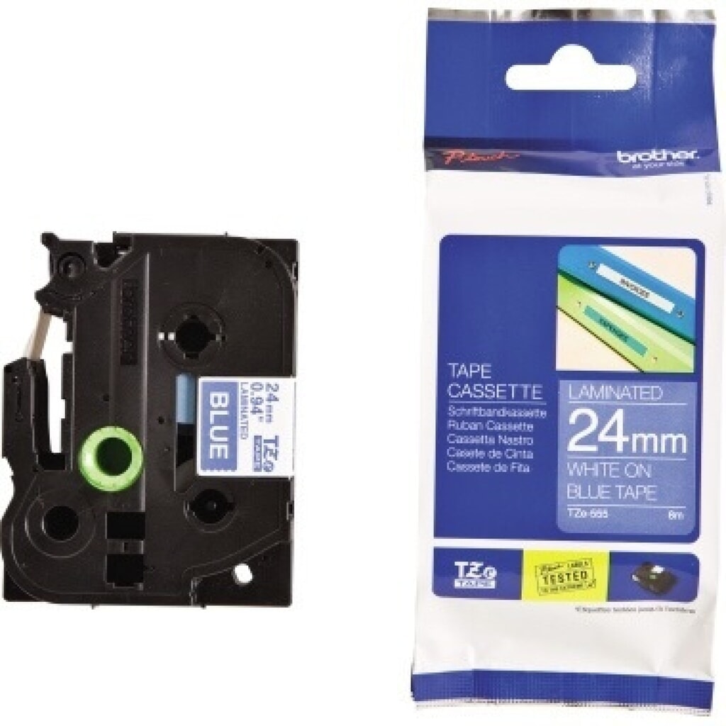 P-touch Schriftbandkassette TZE555 24mm ws auf bl Produktabbildung: P-touch Schriftbandkassette TZE555 24mm ws auf bl