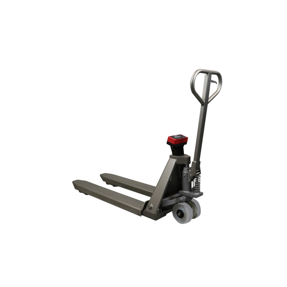 Obrázek produktu: Paletový vozík Ravas z nerezové oceli s váhou INOX, nosnost 2 000 kg, délka vidlí 1 150 mm, polyamid, tandemová kolečka