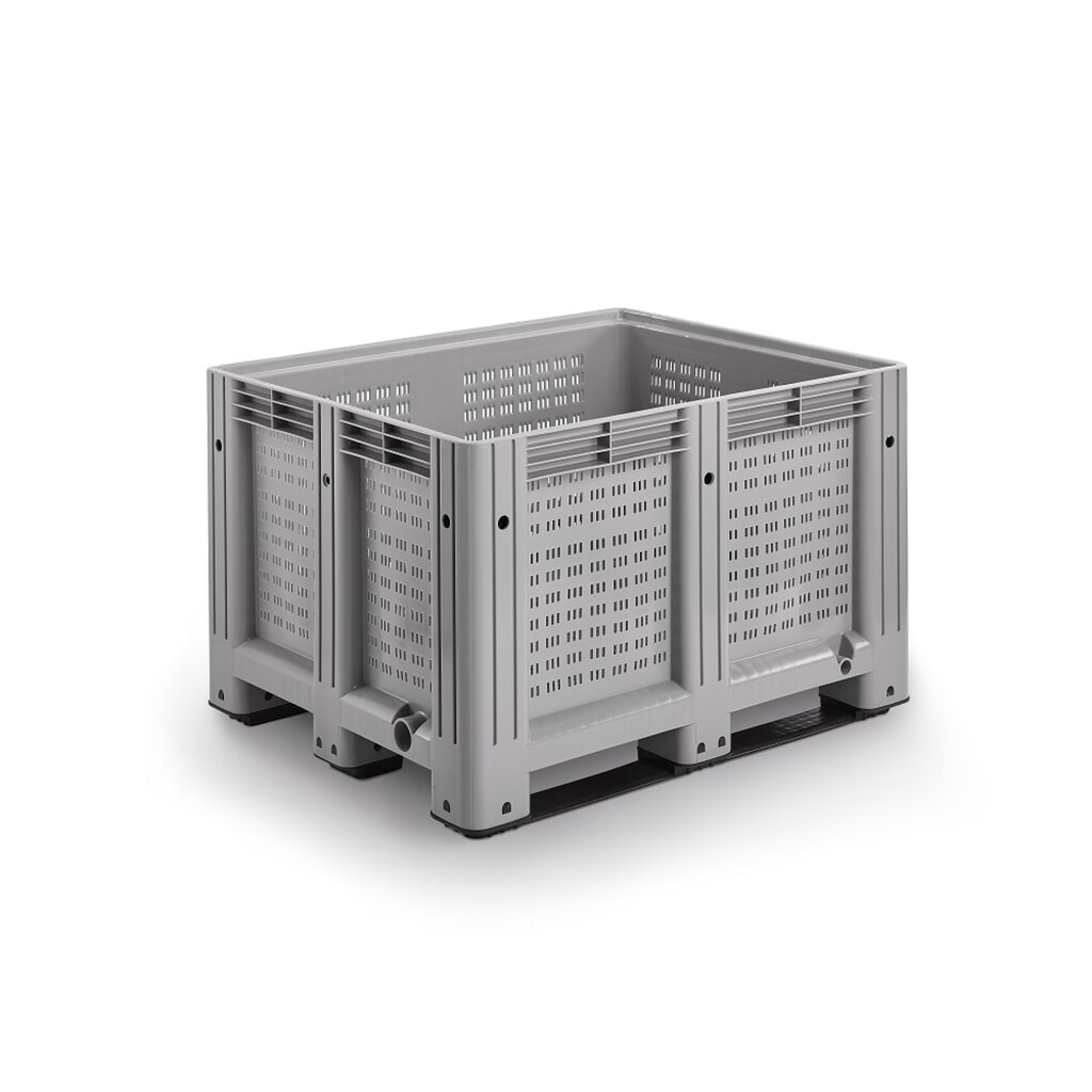 Palettenbox L, grau, 1200x1000x780 mm, durchbrochen, mit 3 Kufen Produktabbildung: Palettenbox L, grau, 1200x1000x780 mm, durchbrochen, mit 3 Kufen