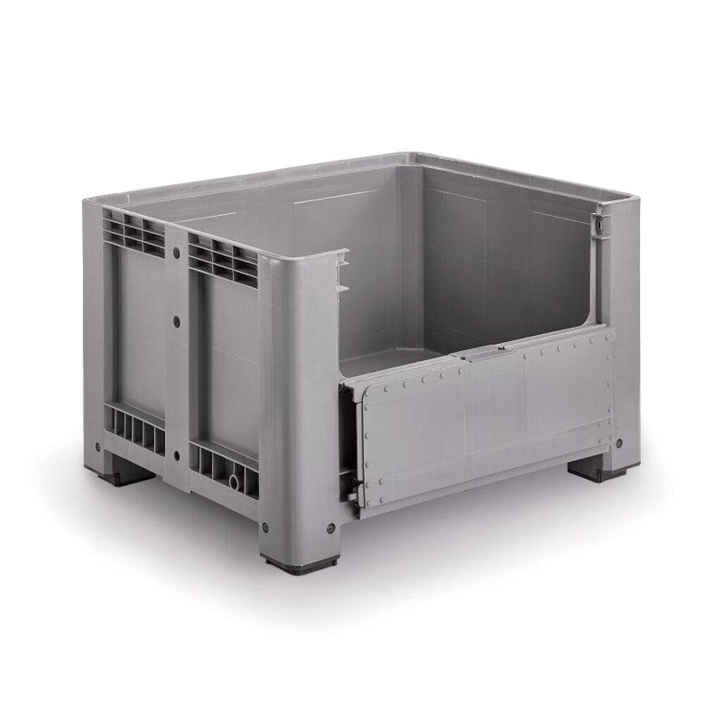 Produktabbildung: Palettenbox L, grau, 1200x1000x760 mm, geschlossen, mit Entnahmeklappe und 4 Füßen