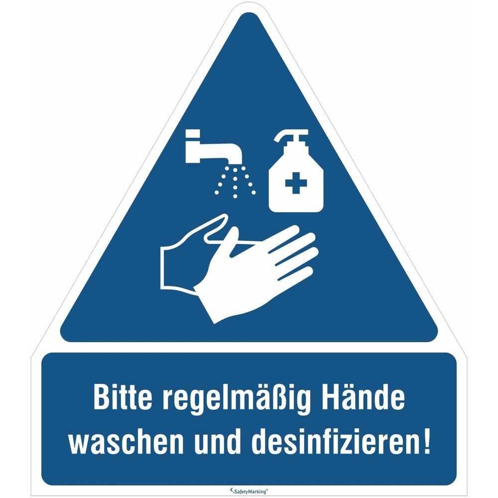 Illustration du produit: SafetyMarking® Panneau combiné de consigne « Veuillez vous laver et vous désinfecter les mains régulièrement ! », triangulaire, épaisseur 0,1 mm