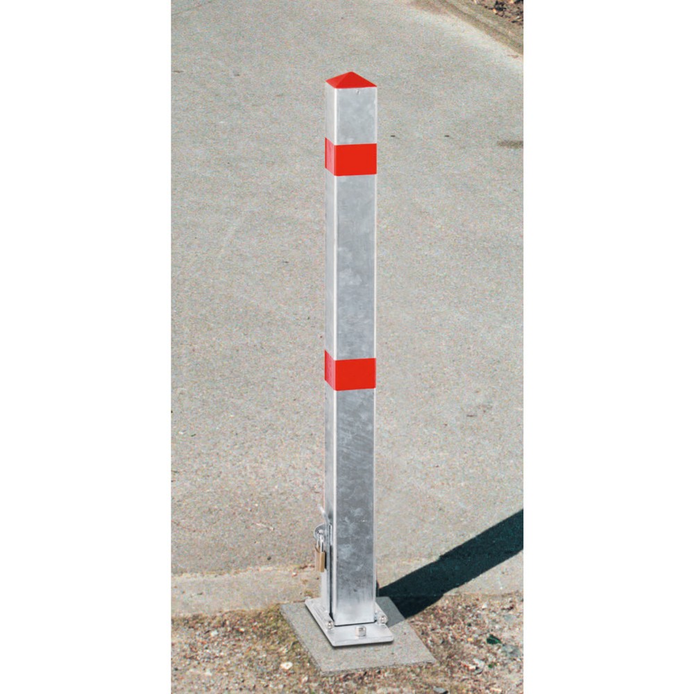 Product afbeelding: Parkeerpaal, neerklapbaar, vierkant 70 x 70 mm voor ingieten in beton, rood/wit