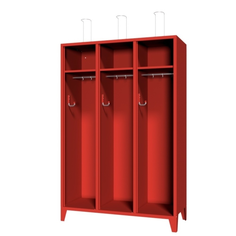 Produktabbildung: PAVOY Feuerwehrschrank mit Edelstahl-Helmhalter, Füße, 3tlg., AB 400, offenes Ablagefach