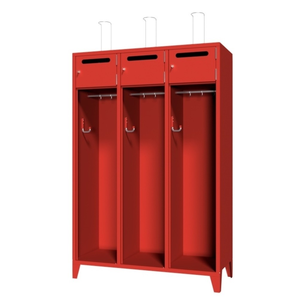 Produktabbildung Nr. 2: PAVOY Feuerwehrschrank mit Edelstahl-Helmhalter, Füße, 3tlg., AB 400, Schließfachtüren mit Einwurfschlitz und Zylinderschloss