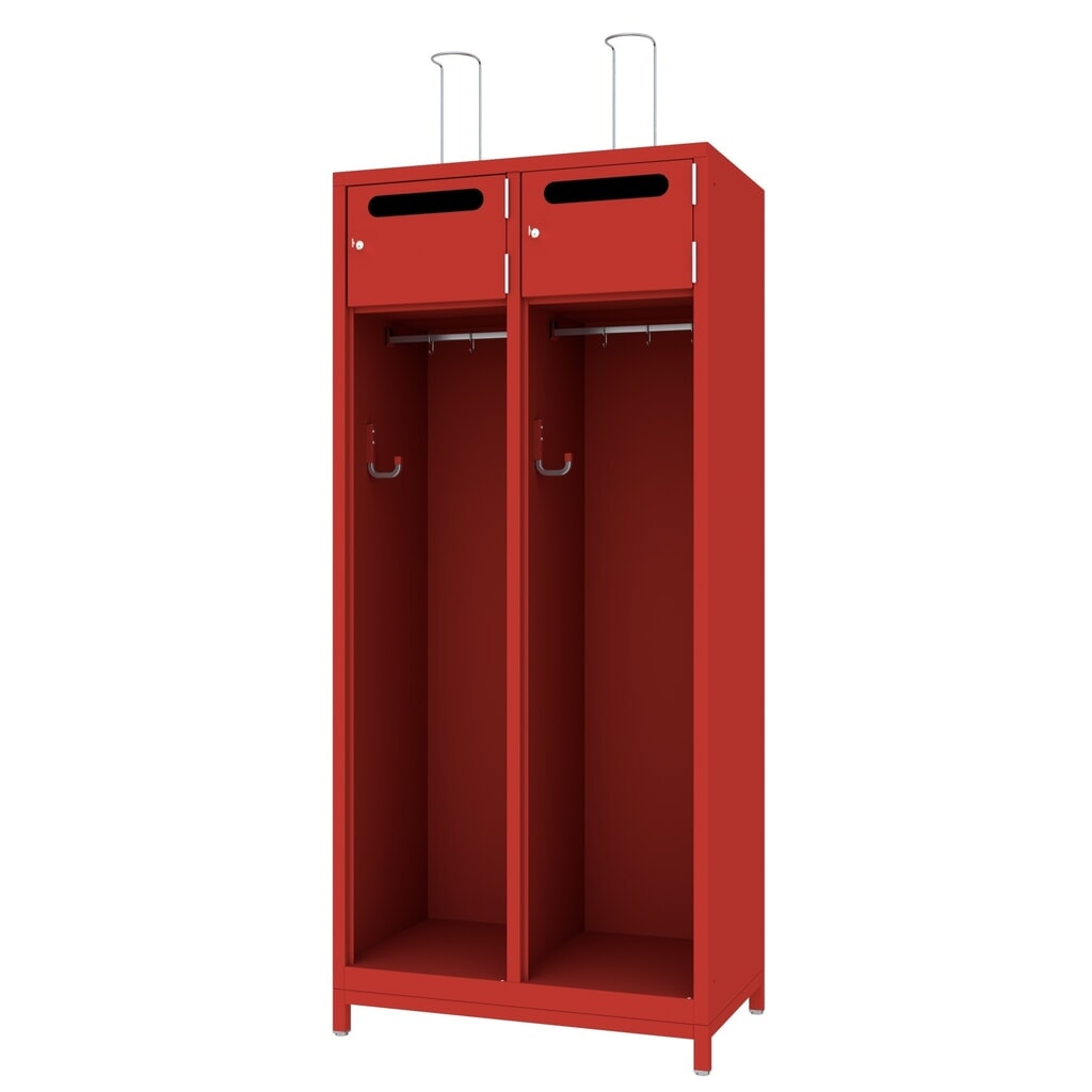 PAVOY Feuerwehrschrank mit Edelstahl-Helmhalter, Untergestell, 2tlg., AB 400, Schließfachtüren mit Einwurfschlitz und Zylinderschloss Produktabbildung: PAVOY Feuerwehrschrank mit Edelstahl-Helmhalter, Untergestell, 2tlg., AB 400, Schließfachtüren mit Einwurfschlitz und Zylinderschloss
