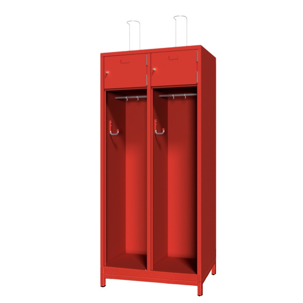 Produktabbildung: PAVOY Feuerwehrschrank mit Edelstahl-Helmhalter, Untergestell, 2tlg., AB 400, Schließfachtüren mit Etikettenrahmen und Zylinderschloss