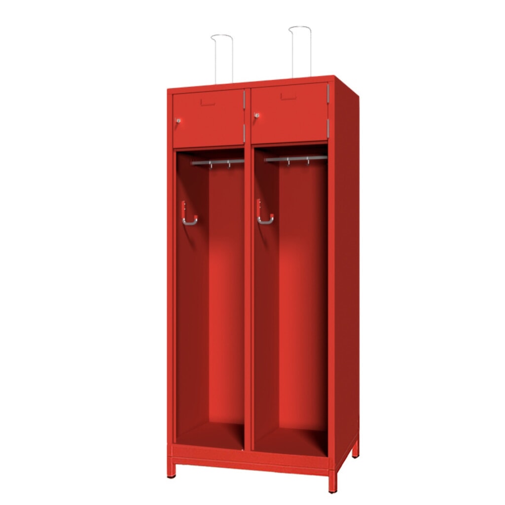 PAVOY Feuerwehrschrank mit Edelstahl-Helmhalter, Untergestell, 2tlg., AB 400, Schließfachtüren mit Etikettenrahmen und Zylinderschloss Produktabbildung: PAVOY Feuerwehrschrank mit Edelstahl-Helmhalter, Untergestell, 2tlg., AB 400, Schließfachtüren mit Etikettenrahmen und Zylinderschloss