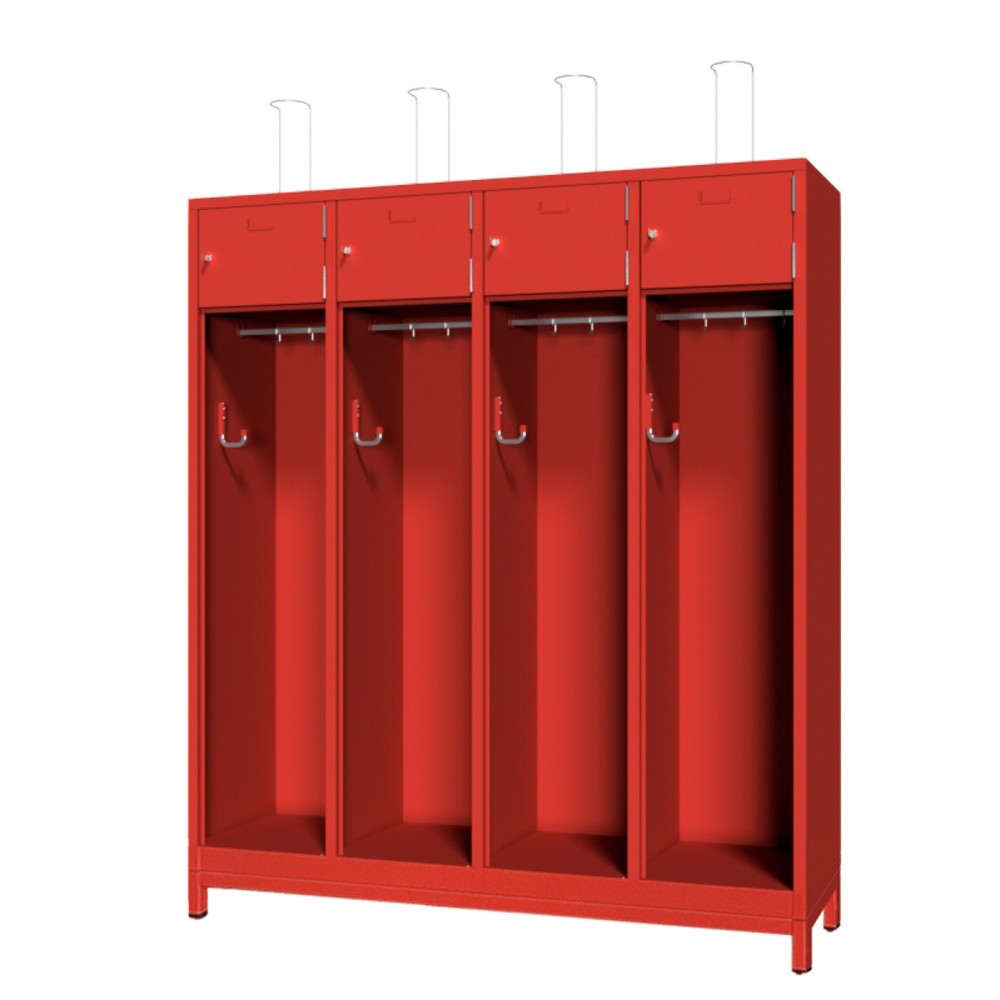 Produktabbildung Nr. 1: PAVOY Feuerwehrschrank mit Edelstahl-Helmhalter, Untergestell, 4tlg., AB 400, Schließfachtüren mit Etikettenrahmen und Zylinderschloss