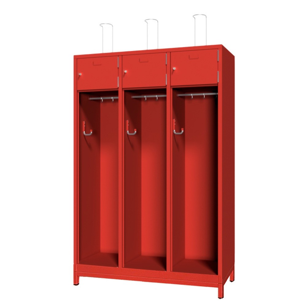 Produktabbildung Nr. 1: PAVOY Feuerwehrschrank mit Edelstahl-Helmhalter, Untergestell, 3tlg., AB 400, Schließfachtüren mit Etikettenrahmen und Zylinderschloss