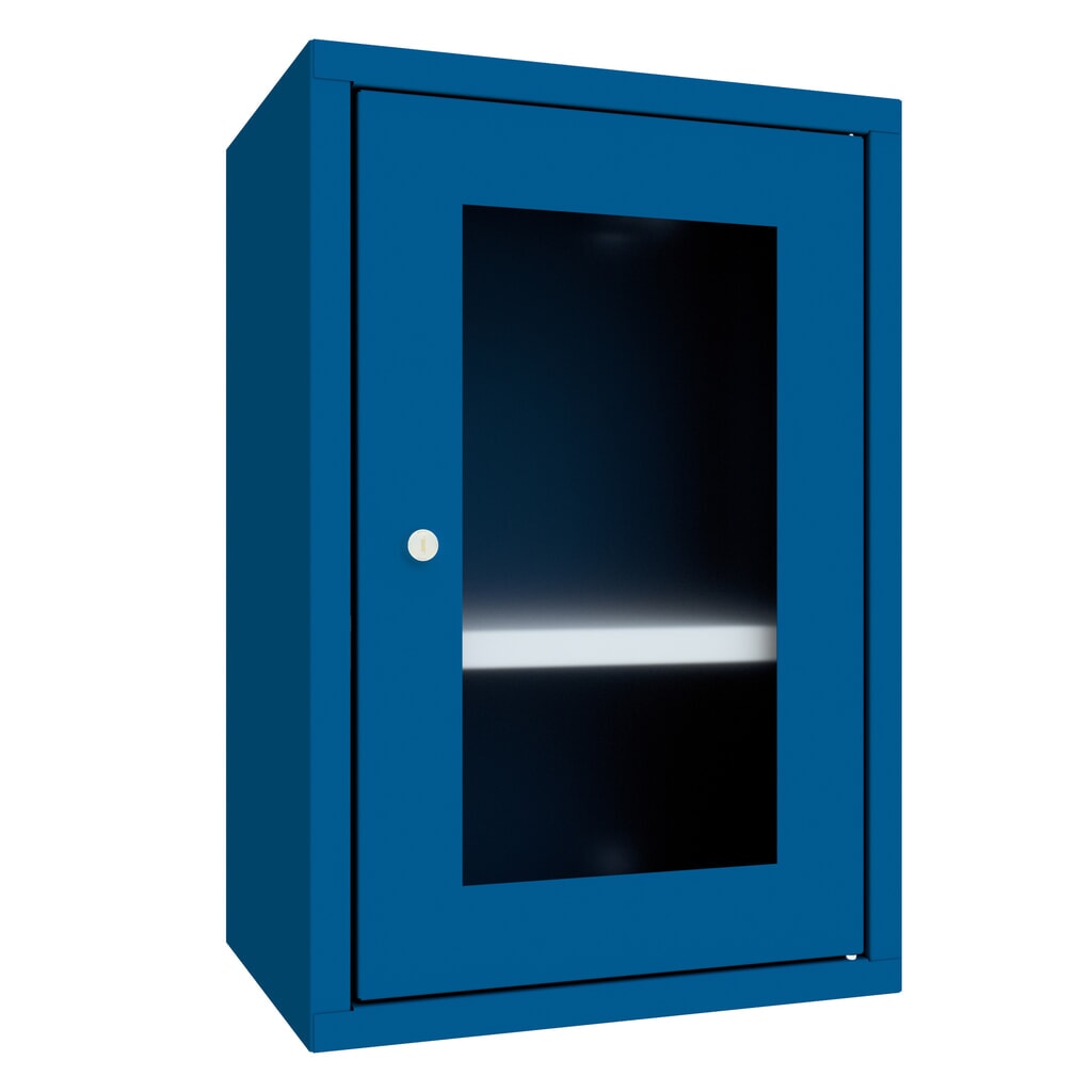 PAVOY Hängeschrank mit Sichtfenster, HxBxT 600 x 400 x 300 mm, enzianblau, enzianblau Produktabbildung: PAVOY Hängeschrank mit Sichtfenster, HxBxT 600 x 400 x 300 mm, enzianblau, enzianblau