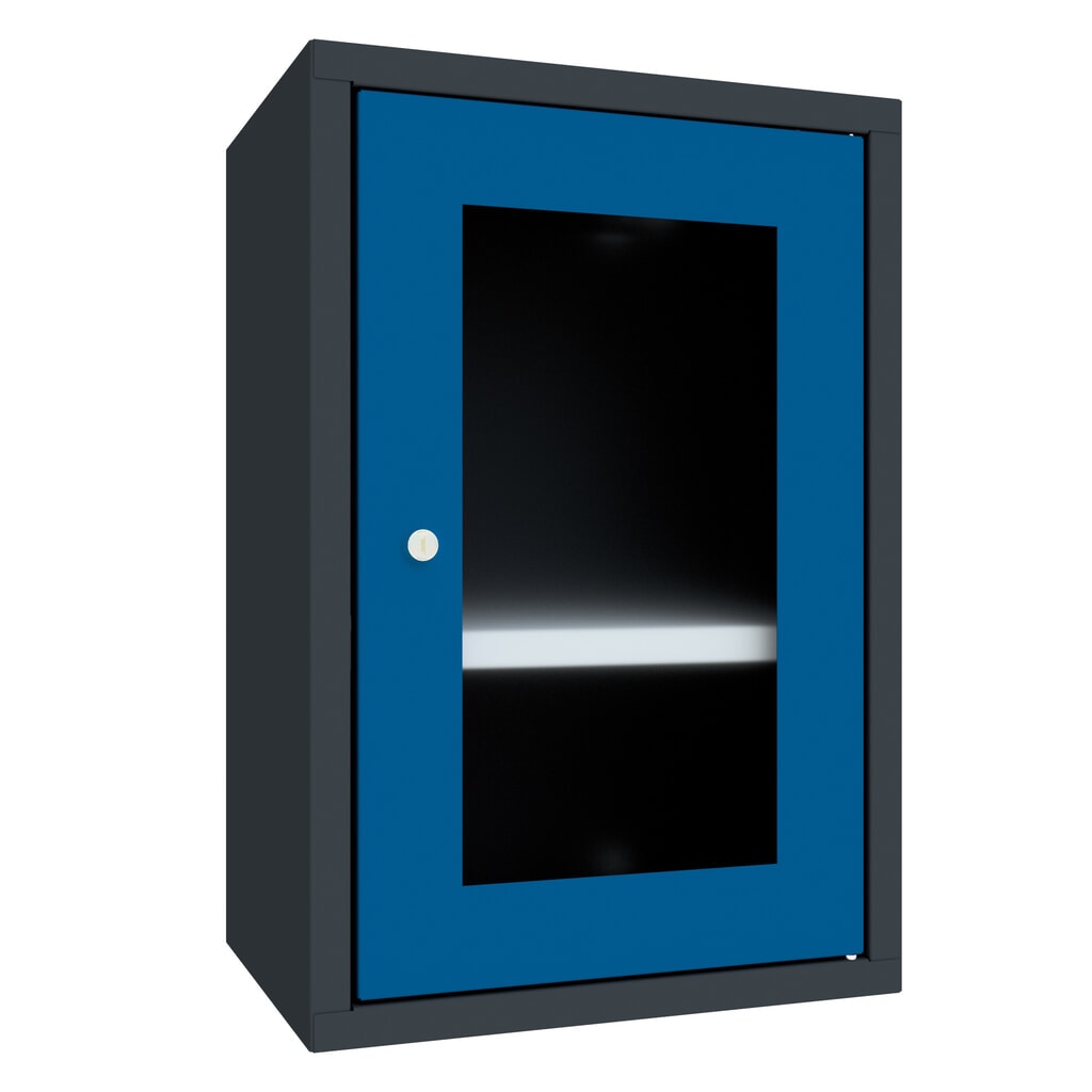 Produktabbildung: PAVOY Hängeschrank mit Sichtfenster, HxBxT 600 x 400 x 300 mm, enzianblau, anthrazitgrau