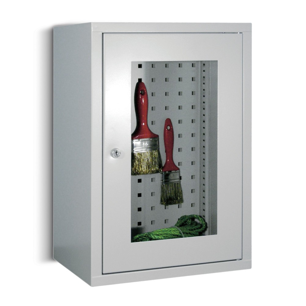 Produktabbildung Nr. 1: PAVOY Hängeschrank mit Sichtfenster, HxBxT 600 x 400 x 300 mm, Lochrückwand, rubinrot, lichtgrau