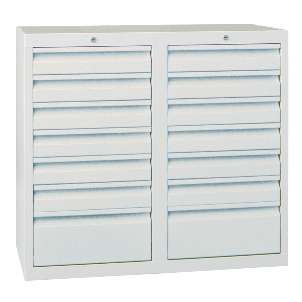 Produktabbildung Nr. 3: PAVOY Leichter Schubladenschrank, Gleitführung, Schubladen 12x100 + 2x200 mm, Breite 1.000 mm, lichtblau, lichtgrau