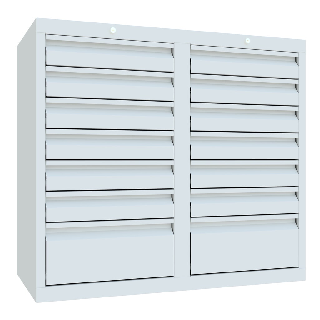 Produktabbildung Nr. 1: PAVOY Leichter Schubladenschrank, Rollenführung, Schubladen 12x100 + 2x200 mm, Breite 1.000 mm, lichtgrau, lichtgrau