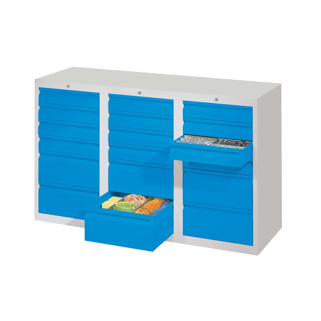 Produktabbildung Nr. 2: PAVOY Leichter Schubladenschrank, Rollenführung, Schubladen 18x100 + 3x200 mm, Breite 1.500 mm, lichtgrau, lichtgrau
