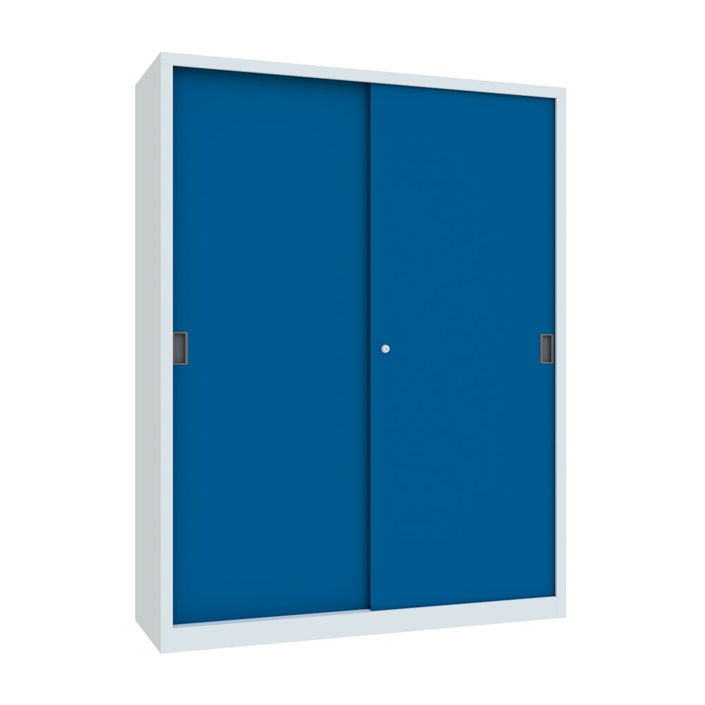 Produktabbildung Nr. 1: PAVOY Schiebetürenschrank mit 8 Fachböden + Trennwand, HxBxT 1.950 x 1.500 x 500 mm, enzianblau, lichtgrau
