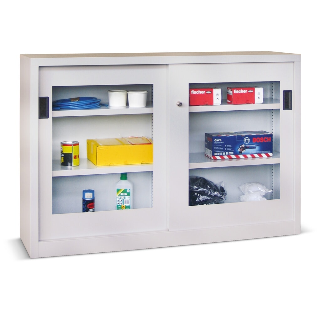 PAVOY Schiebetürenschrank mit Sichtfenstern, 2 Fachböden, HxBxT 1.000 x 1.000 x 500 mm, lichtblau, lichtgrau Produktabbildung Nr. 1: PAVOY Schiebetürenschrank mit Sichtfenstern, 2 Fachböden, HxBxT 1.000 x 1.000 x 500 mm, lichtblau, lichtgrau