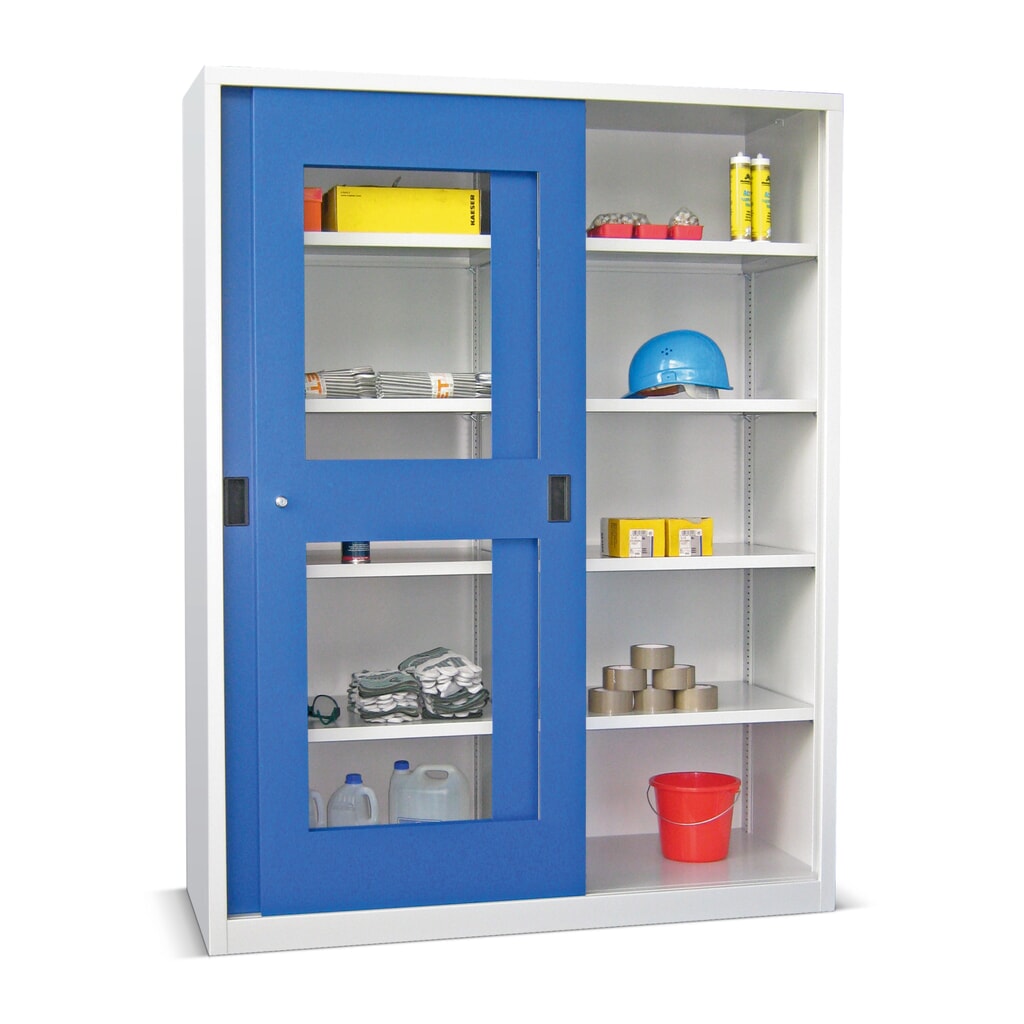 Produktabbildung: PAVOY Schiebetürenschrank mit Sichtfenstern, 8 Fachböden + Trennwand, HxBxT 1.950 x 1.500 x 400 mm, enzianblau, lichtgrau