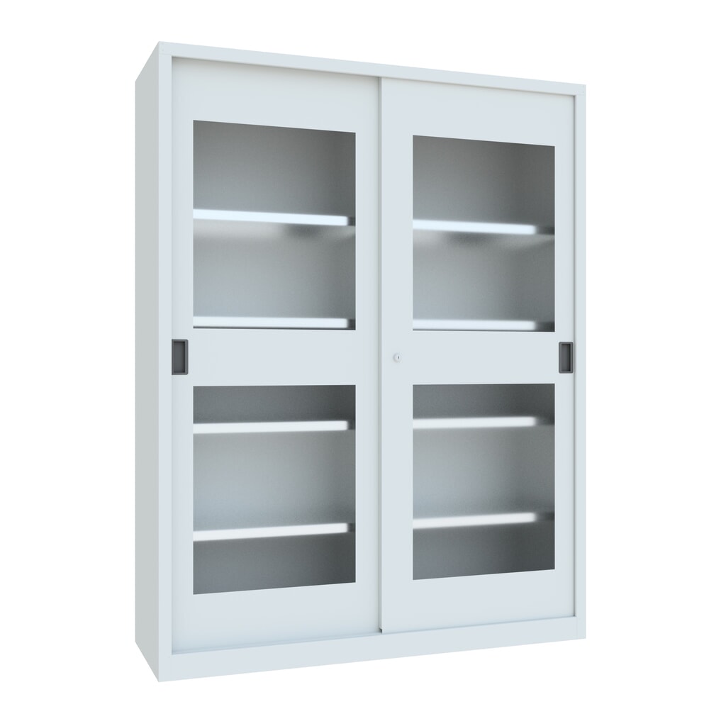 Produktabbildung: PAVOY Schiebetürenschrank mit Sichtfenstern, 8 Fachböden + Trennwand, HxBxT 1.950 x 1.500 x 500 mm, lichtgrau, lichtgrau