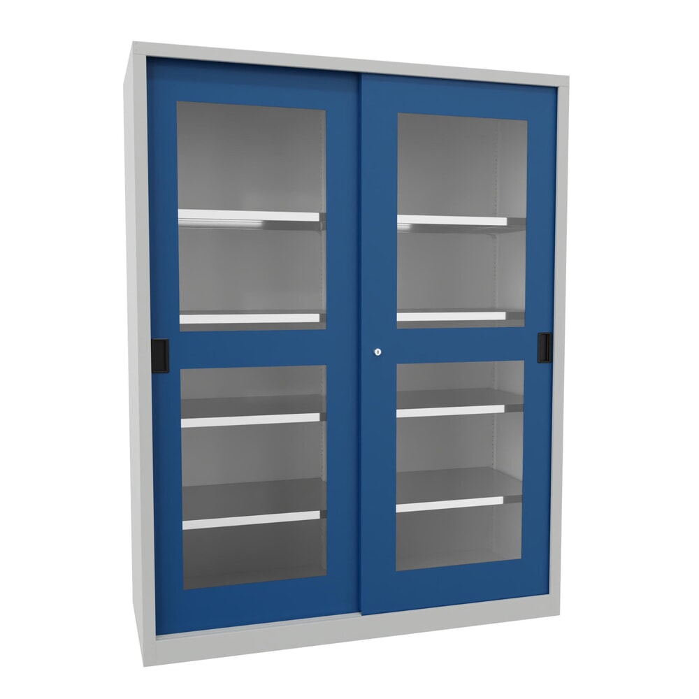 Produktabbildung: PAVOY Schiebetürenschrank mit Sichtfenstern, 8 Fachböden + Trennwand, HxBxT 1.950 x 1.500 x 600 mm, enzianblau, lichtgrau