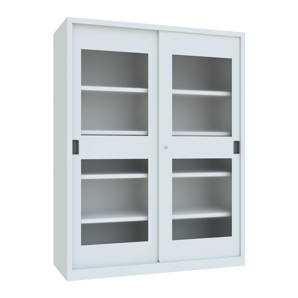 Produktabbildung: PAVOY Schiebetürenschrank mit Sichtfenstern, 8 Fachböden + Trennwand, HxBxT 1.950 x 1.500 x 600 mm, lichtgrau, lichtgrau