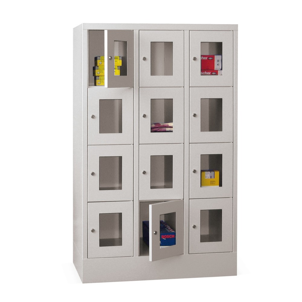 Produktabbildung Nr. 1: PAVOY Schließfachschrank mit Sichtfenster, 3 x 4 Fächer, HxBxT 1.518 x 900 x 500 mm, lichtgrau, lichtgrau