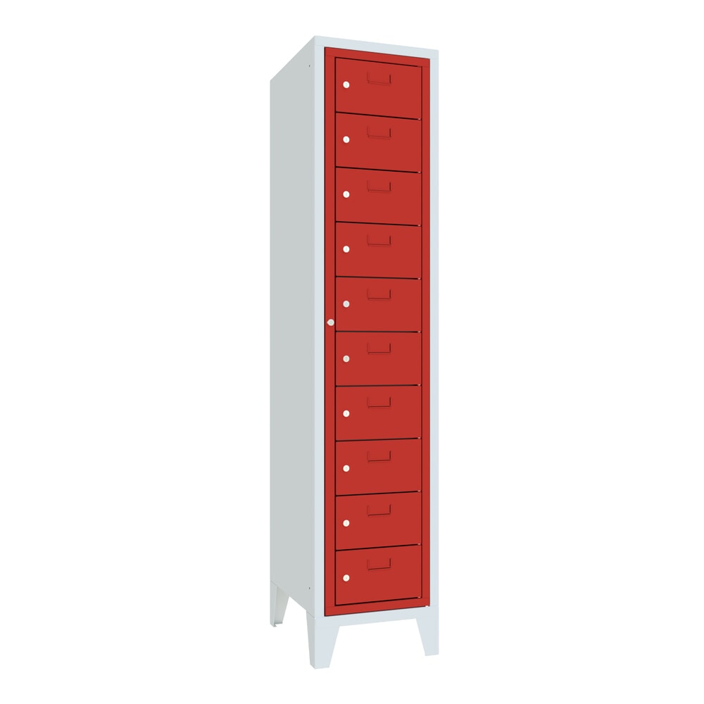 Produktabbildung Nr. 1: PAVOY Schließfachschrank mit Zentraltür, 1 x 10 Fächer, HxBxT 1.850 x 400 x 500 mm, mit Füßen, feuerrot, lichtgrau