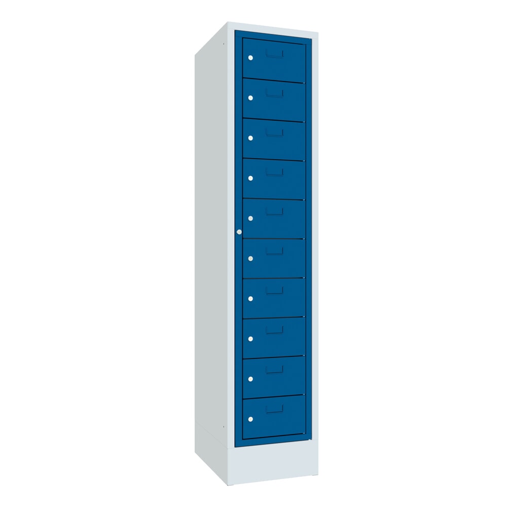 Produktabbildung: PAVOY Schließfachschrank mit Zentraltür, 1 x 10 Fächer, HxBxT 1.850 x 400 x 500 mm, mit Sockel, enzianblau, lichtgrau