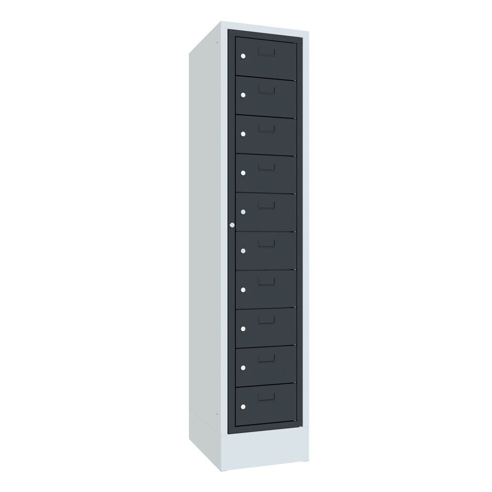 Produktabbildung Nr. 1: PAVOY Schließfachschrank mit Zentraltür, 1 x 10 Fächer, HxBxT 1.850 x 400 x 500 mm, mit Sockel, anthrazitgrau, lichtgrau