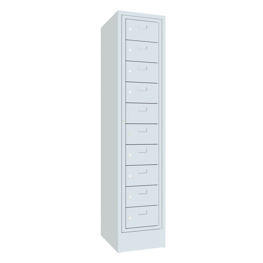 Produktabbildung: PAVOY Schließfachschrank mit Zentraltür, 1 x 10 Fächer, HxBxT 1.850 x 400 x 500 mm, mit Sockel, lichtgrau, lichtgrau