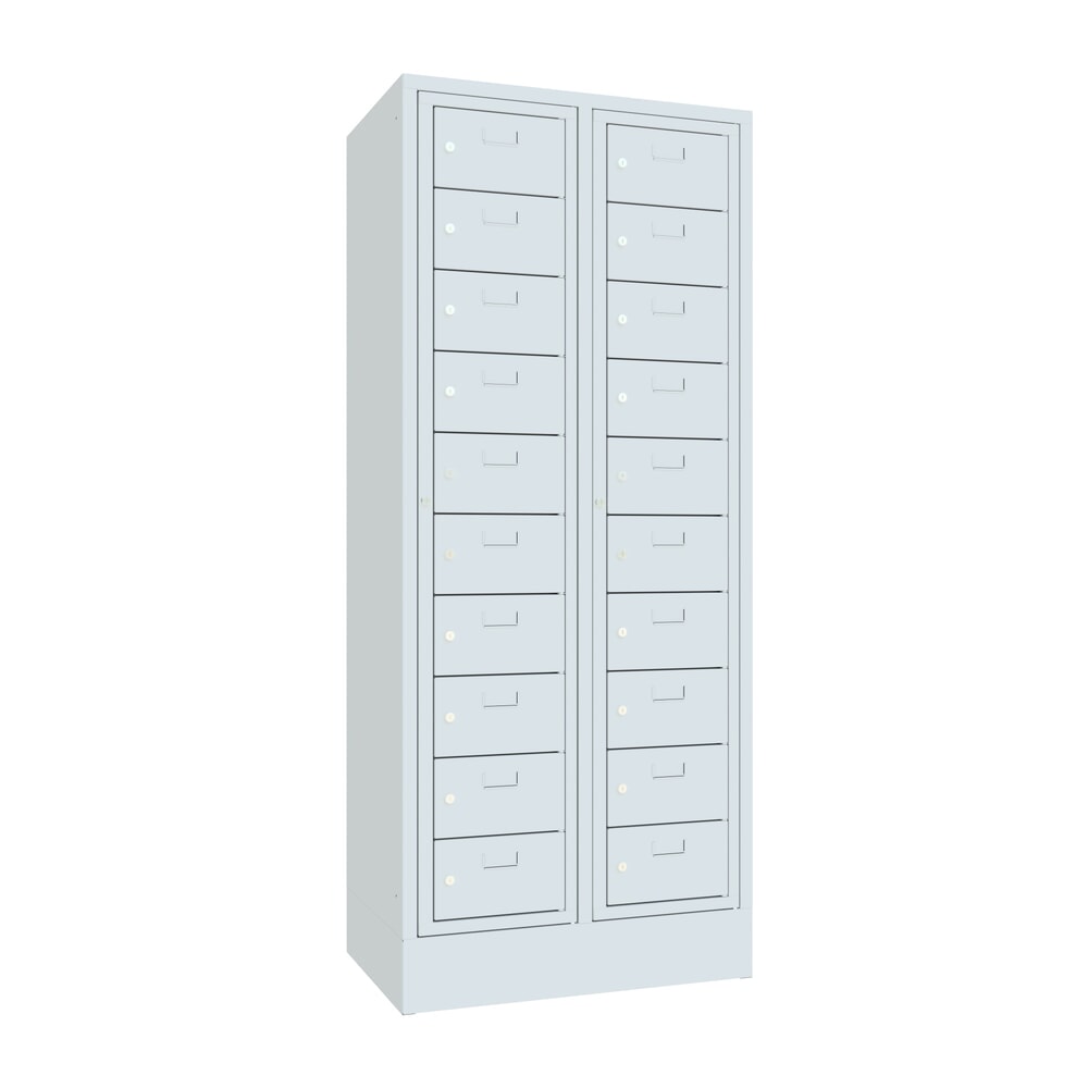 Produktabbildung Nr. 1: PAVOY Schließfachschrank mit Zentraltür, 2 x 10 Fächer, HxBxT 1.850 x 770 x 500 mm, mit Sockel, lichtgrau, lichtgrau
