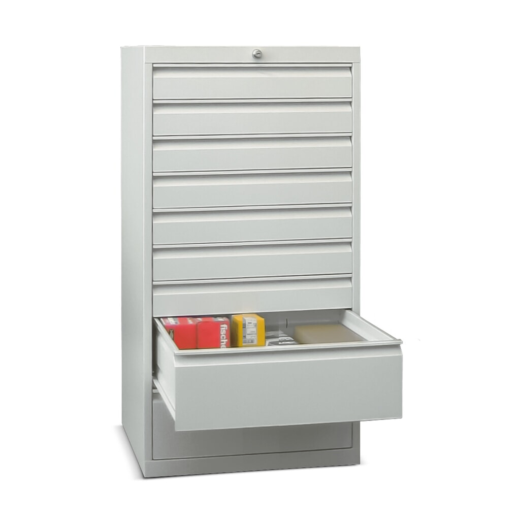 Produktabbildung Nr. 1: PAVOY Schubladenschrank, Höhe 1.200 mm, Schubladen 7x100 + 2x200 mm, Breite 500 mm, lichtgrau, lichtblau