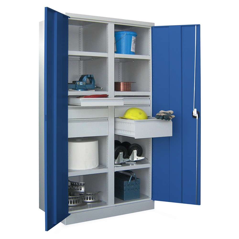 Produktabbildung Nr. 4: PAVOY Schwerlastschrank Premium mit Mittelwand, 6 Fachböden + Schubladen 2x75 + 2x125 + 2x175 mm, himmelblau, lichtgrau