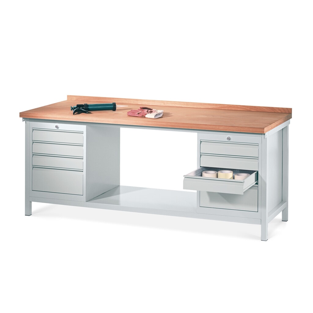 PAVOY Werkbank mit 2 Schubladenblöcken, HxBxT 900 x 2.000 x 700 mm, lichtgrau, lichtgrau Produktabbildung: PAVOY Werkbank mit 2 Schubladenblöcken, HxBxT 900 x 2.000 x 700 mm, lichtgrau, lichtgrau