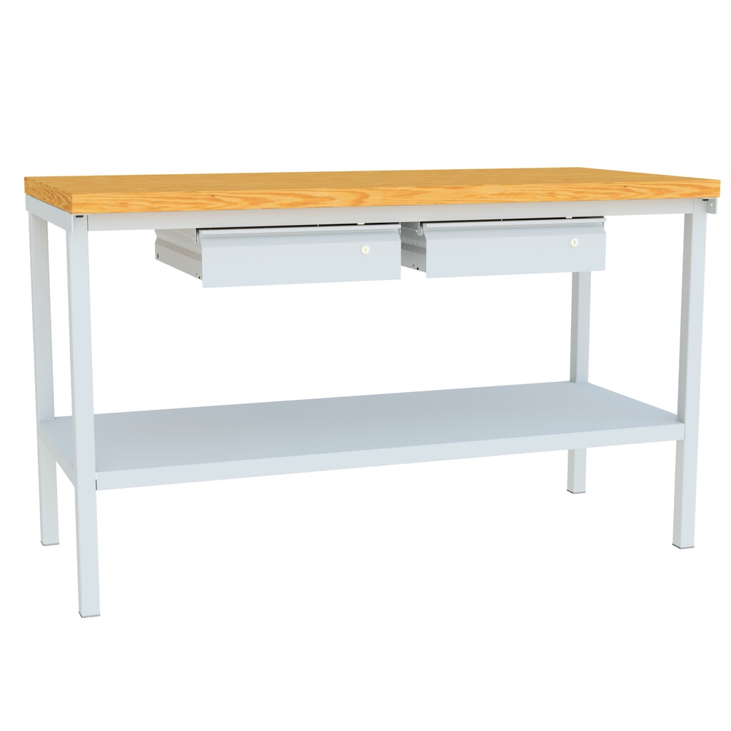 PAVOY Werktisch mit 2 Schubladen + Ablageboden, HxBxT 900 x 1.500 x 700 mm, lichtgrau, lichtgrau Produktabbildung: PAVOY Werktisch mit 2 Schubladen + Ablageboden, HxBxT 900 x 1.500 x 700 mm, lichtgrau, lichtgrau