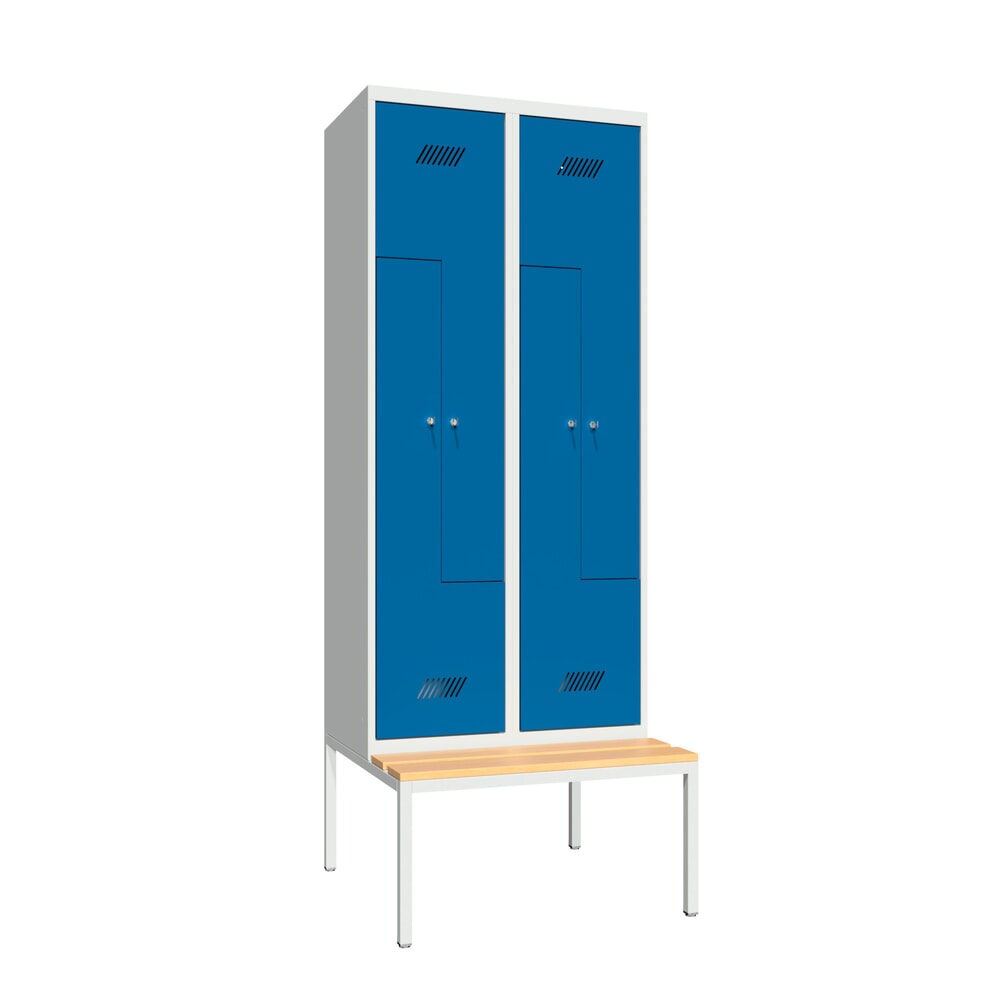 Produktabbildung Nr. 1: PAVOY Z-Spind mit Sitzbank, 2 Abteile, 4 Fächer, Zylinderschloss, lichtgrau, enzianblau, Buche