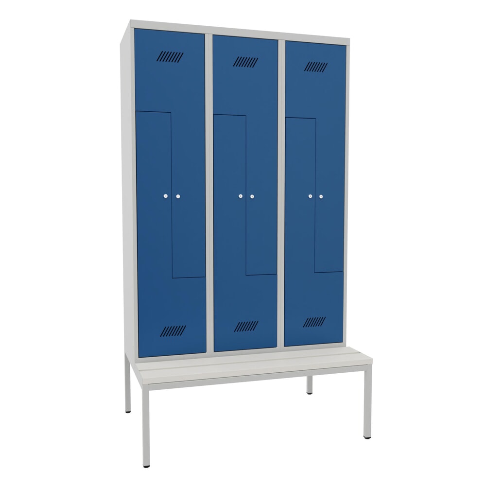 Produktabbildung: PAVOY Z-Spind mit Sitzbank, 3 Abteile, 6 Fächer, Zylinderschloss, lichtgrau, enzianblau, Kunststoff weiß
