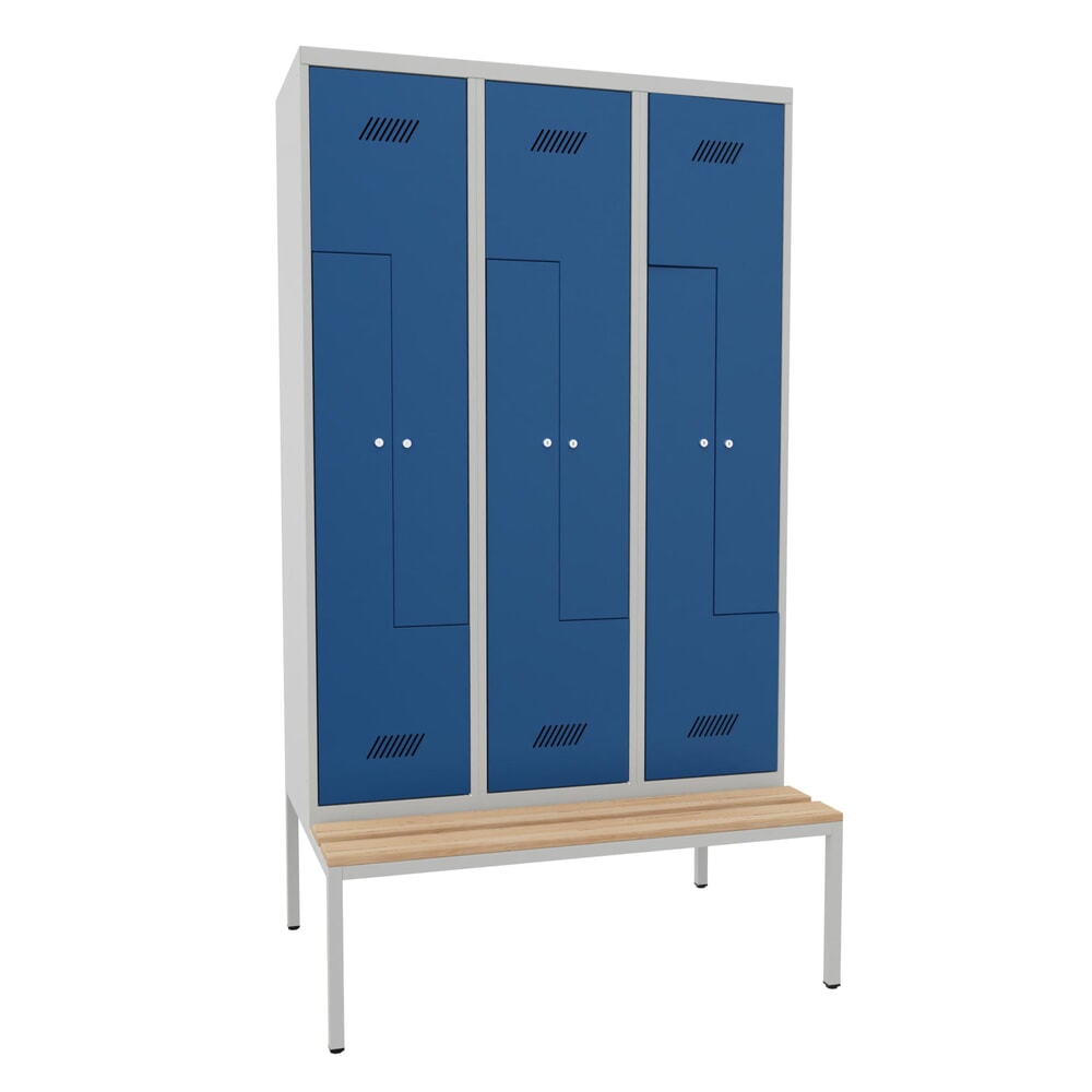 Produktabbildung Nr. 1: PAVOY Z-Spind mit Sitzbank, 3 Abteile, 6 Fächer, Zylinderschloss, lichtgrau, enzianblau, Buche