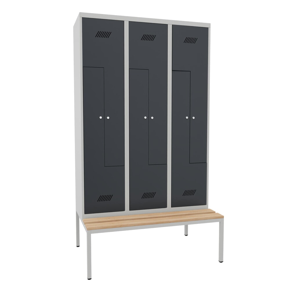 Produktabbildung Nr. 1: PAVOY Z-Spind mit Sitzbank, 3 Abteile, 6 Fächer, Zylinderschloss, lichtgrau, anthrazitgrau, Buche