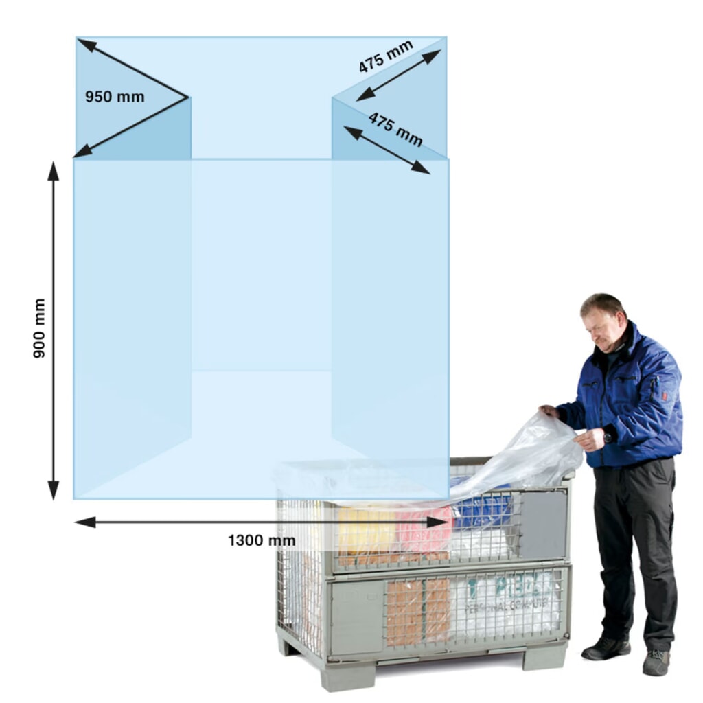 Produktabbildung: PE-Seitenfaltensack, 1300 + 950 x 900 mm (B + Seitenfalte x L), Stärke 90 µ, transparent